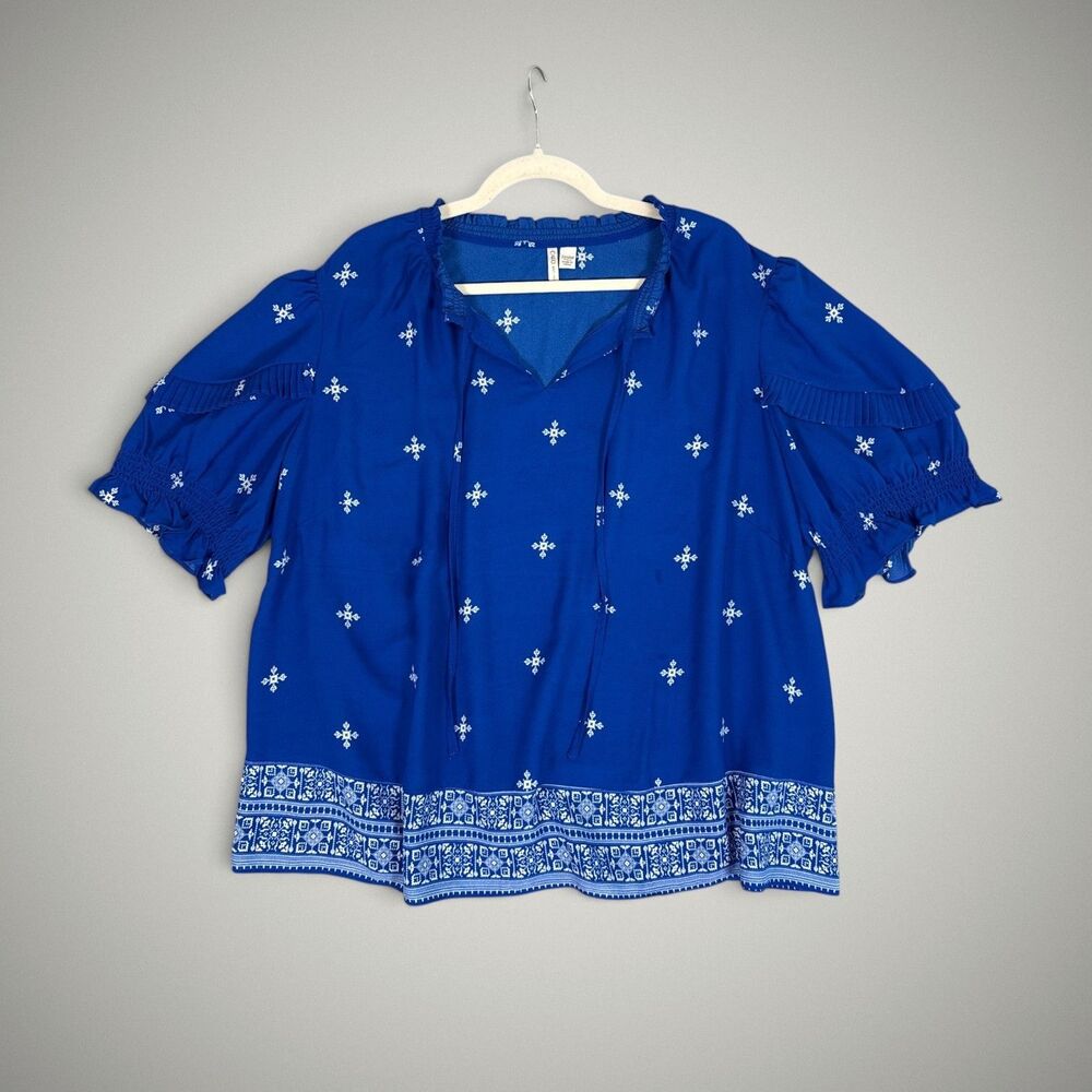 Cato Woman's Blue Pullover Top Keyhole Neck Ruffle Short Sleeve Plus Size 22/24W